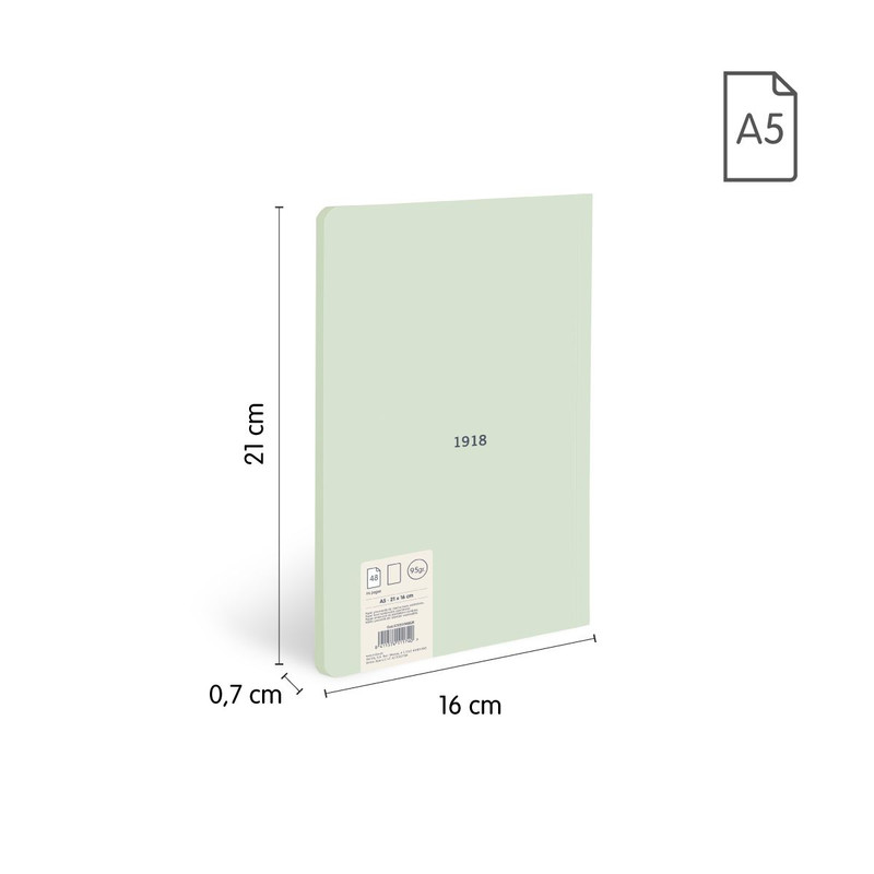 Libreta A5 encolada, papel LISO, 48 hojas de 95 gr/m², colección 430 since 1918, VERDE