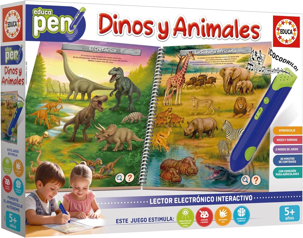 Educa - Educapen Dinos y los Animales | Juego Educativo para niños +5 años | Cuaderno con Preguntas y Lector electrónico | Niños 5 6 7 años (20322)