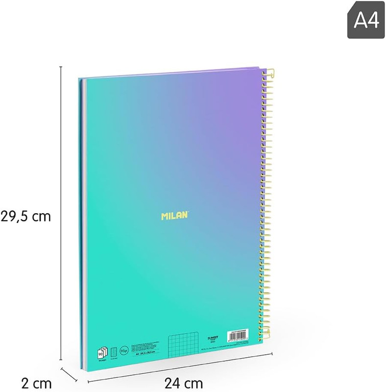 Cuaderno A4 con espiral y tapa dura, papel cuadriculado, 90 hojas de 95gr/m², colección Sunset MILAN