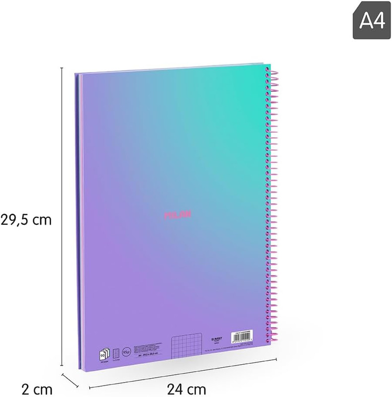 Cuaderno A4 con espiral y tapa dura, papel cuadriculado, 90 hojas de 95gr/m², colección Sunset MILAN
