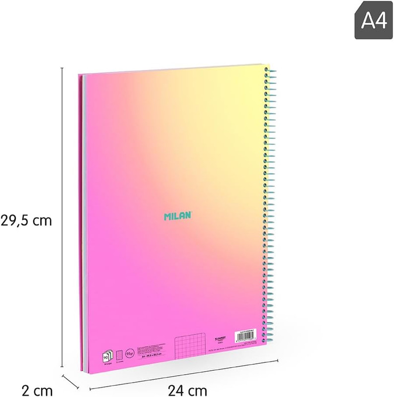 Cuaderno A4 con espiral y tapa dura, papel cuadriculado, 90 hojas de 95gr/m², colección Sunset