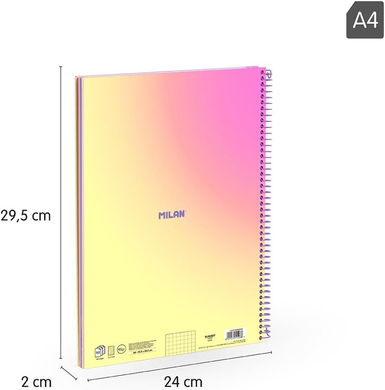 Cuaderno A4 con espiral y tapa dura, papel cuadriculado, 90 hojas de 95gr/m², colección Sunset MILAN