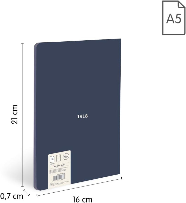 libretas A5 encoladas, papel a líneas AZUL (7 mm), 48 hojas de 95 gr/m², colección 430 since 1918