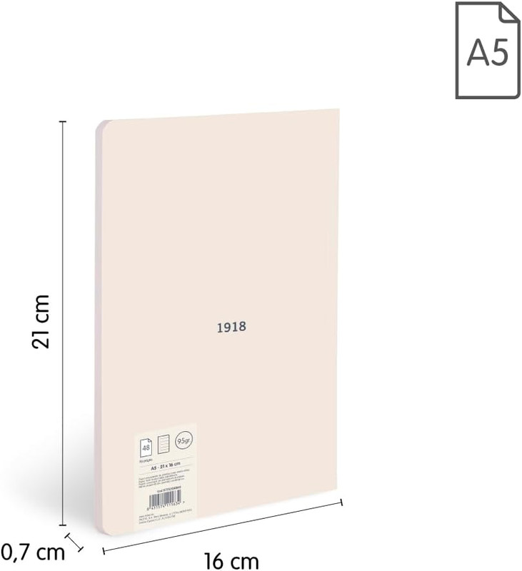 libretas A5 encoladas, papel a líneas BEIG (7 mm), 48 hojas de 95 gr/m², colección 430 since 1918