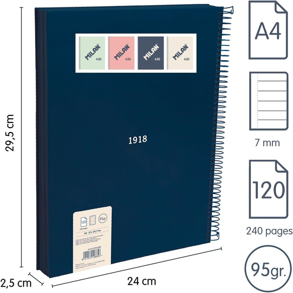 Cuaderno A4 con espiral y tapa dura, papel a líneas (7 mm), 120 hojas de 95 gr/m², colección 430 since 1918, azul