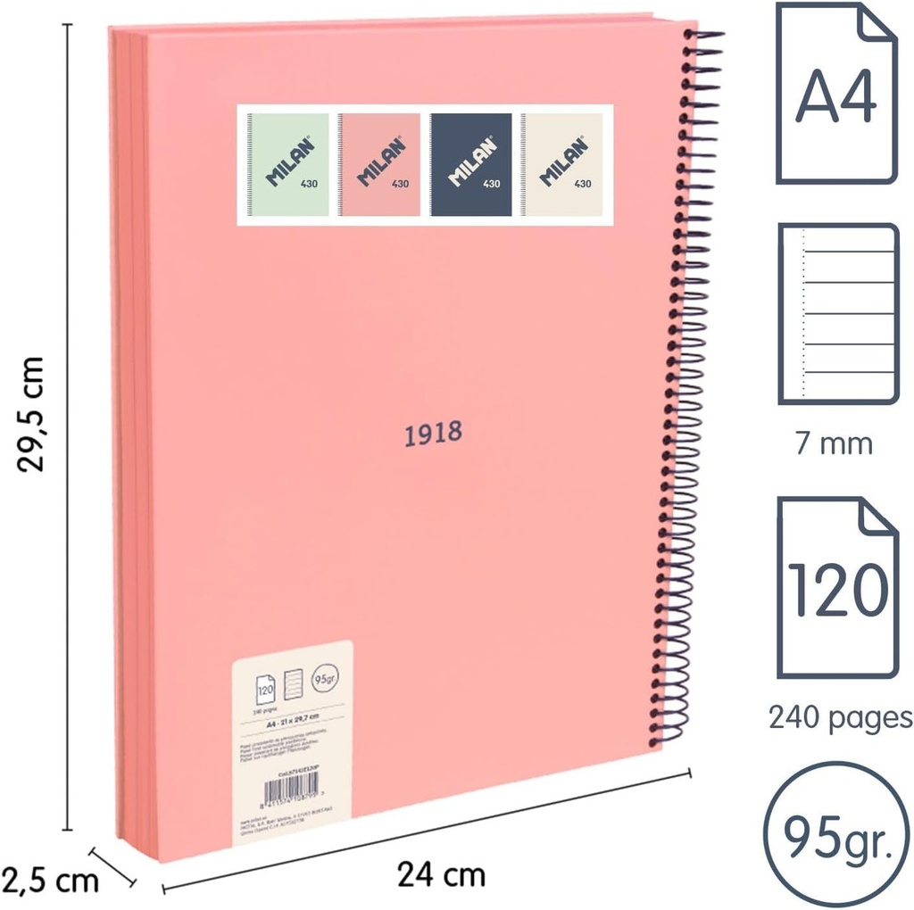 Cuaderno A4 con espiral y tapa dura, papel a líneas (7 mm), 120 hojas de 95 gr/m², colección 430 since 1918, rosa