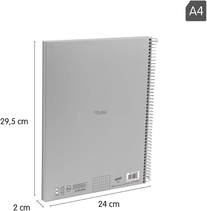 Cuaderno A4 con espiral y tapa dura, papel cuadriculado, 80 hojas de 95g/m², colección Shadow gris