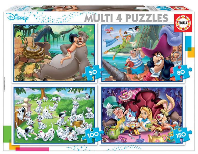 PUZZLE MULTI 4 PUZZLES CLÁSICOS DISNEY 50-80-100-150 (ALADDIN, JUNGLE BOOK, ALICIA, PETER PAN) EDUCA 18105