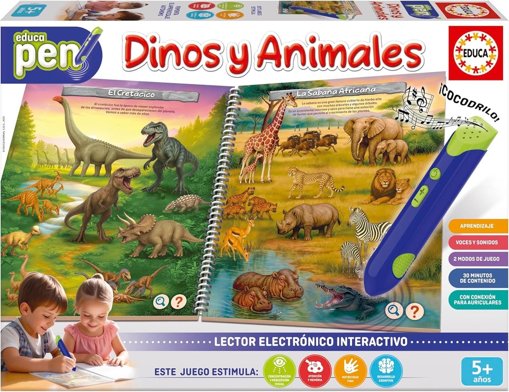 Educa - Educapen Dinos y los Animales | Juego Educativo para niños +5 años | Cuaderno con Preguntas y Lector electrónico | Niños 5 6 7 años (20322)
