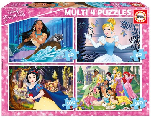 [E17637] PUZZLE MULTI 4 PUZZLES DISNEY PRINCESS 50-80-100-150 EDUCA 17637