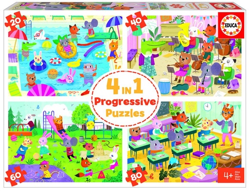 [E18904] PUZZLE MULTI 4 UN DÍA EN LA ESCUELA 20-40-60-80 "4 IN 1 PUZZLES" EDUCA 18904
