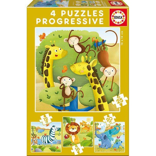 [E17147] PUZZLE PROGRESIVOS 12-16-20-25 ANIMALES SALVAJES EDUCA 17147